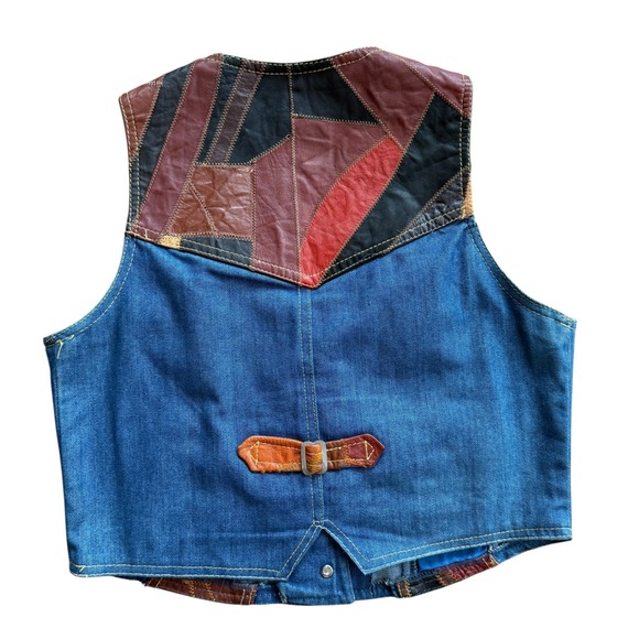 Vintage 70s Aura Rosemary Denim Leather Patchwork Vest & Flare Jeans Set L 32 - Picture 3 of 15